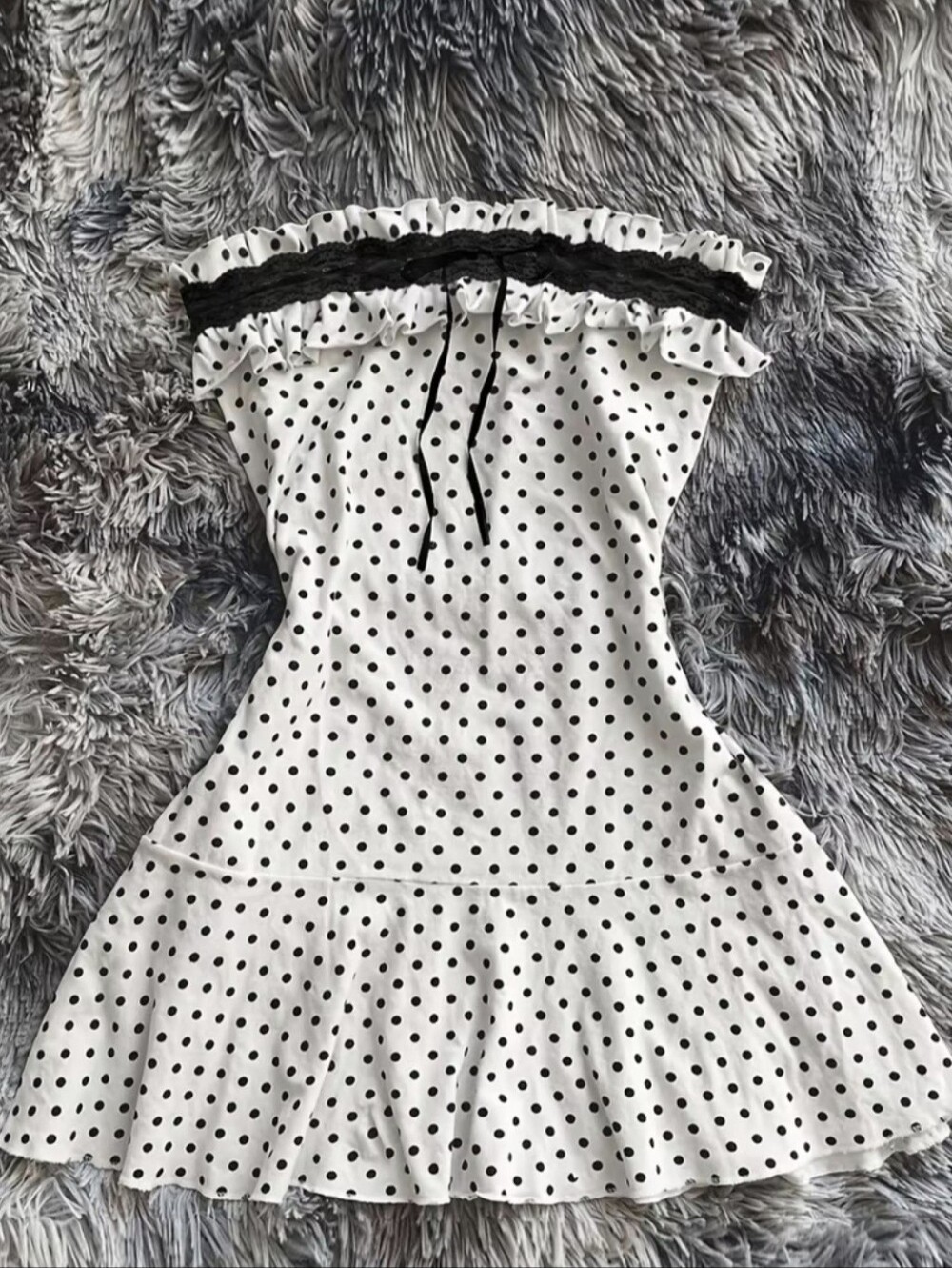 Women's Ruffled Pleated Polka Dot Print Contrast Lace Strapless Mini Dress